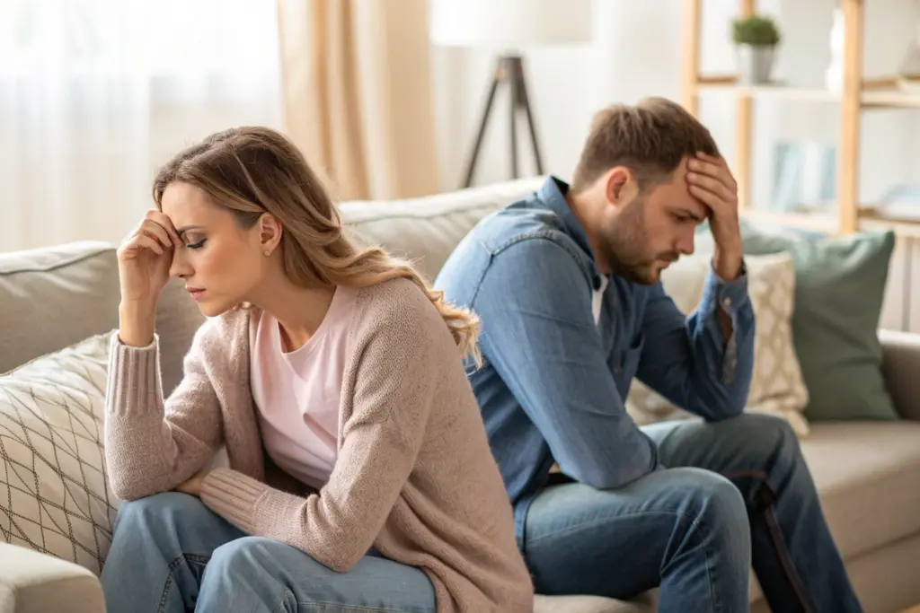 Heteroseksueel stel zit emotioneel afstandelijk op de bank, vrouw kijkt weg, man heeft hoofd in handen