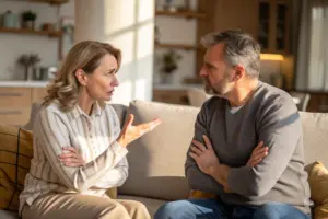 Stel in gespannen gesprek met gefrustreerde lichaamstaal maar respectvolle houding