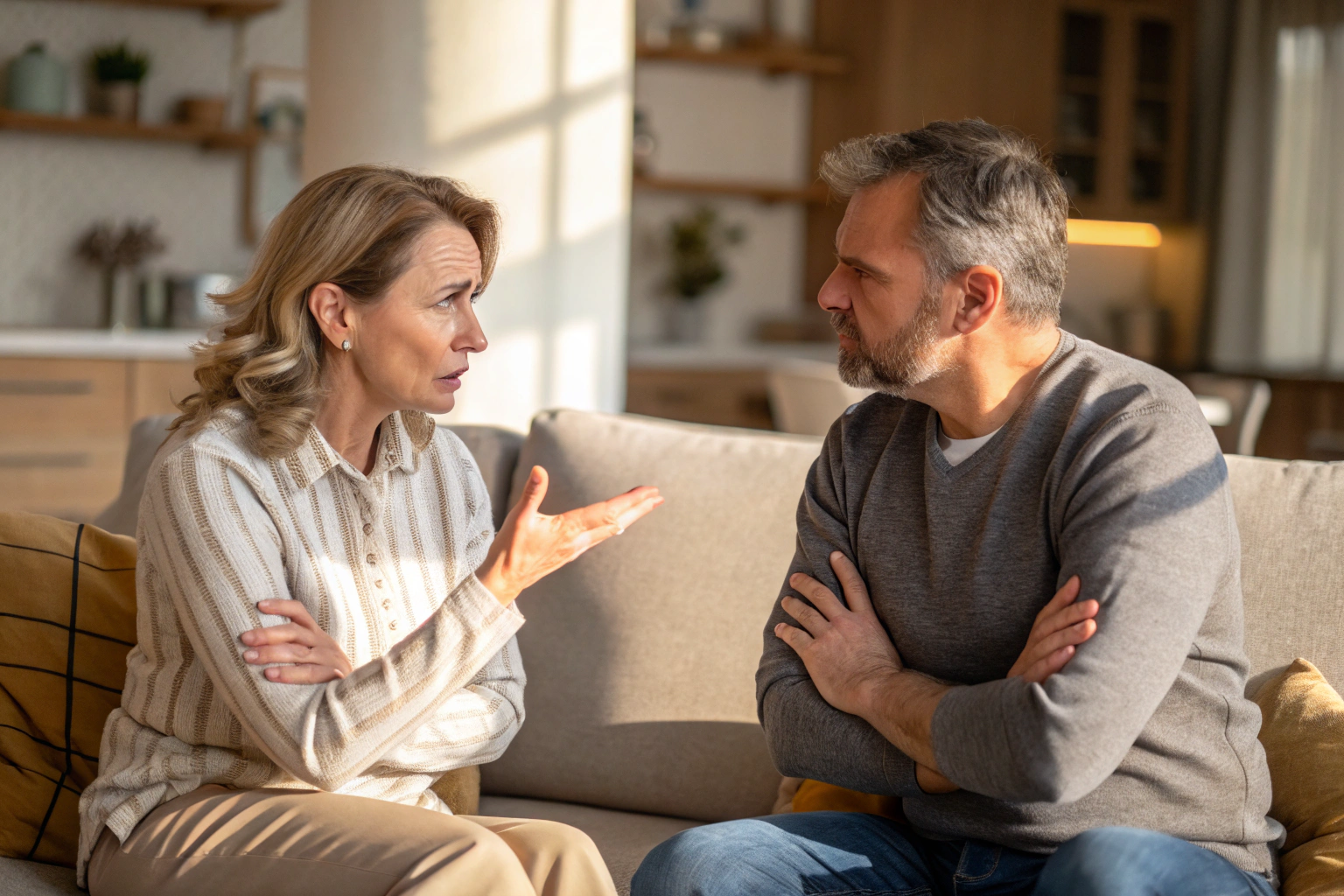 Stel in gespannen gesprek met gefrustreerde lichaamstaal maar respectvolle houding