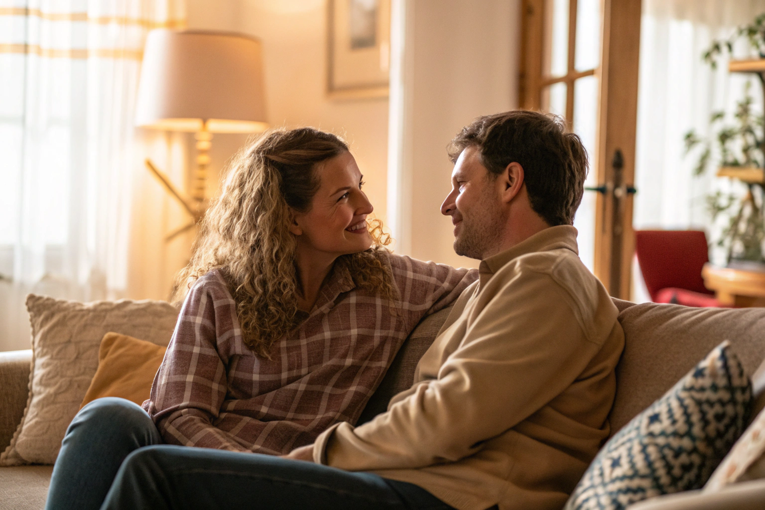 Stel in diep gesprek op de bank over intimiteit en communicatie
