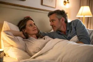 Vrouw ligt peinzend in bed terwijl man haar aanraakt, lichaamsreactie zonder mentale opwinding