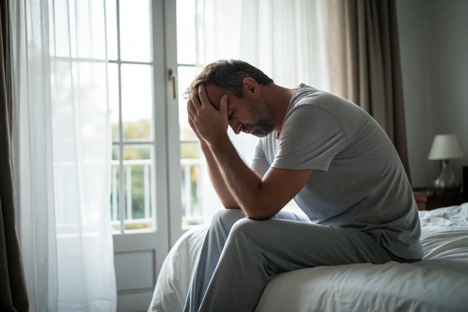 Man overweldigd door emoties zit met hoofd in handen op bed