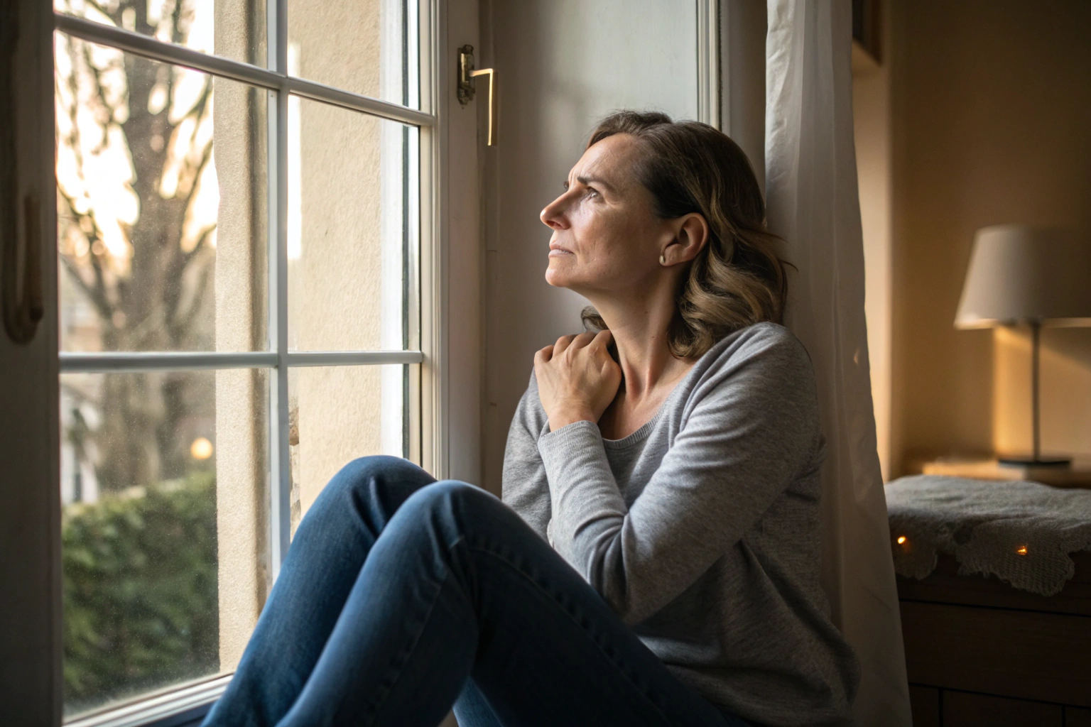 Vrouw zit peinzend bij raam, verward over het verschil tussen lichaam en geest