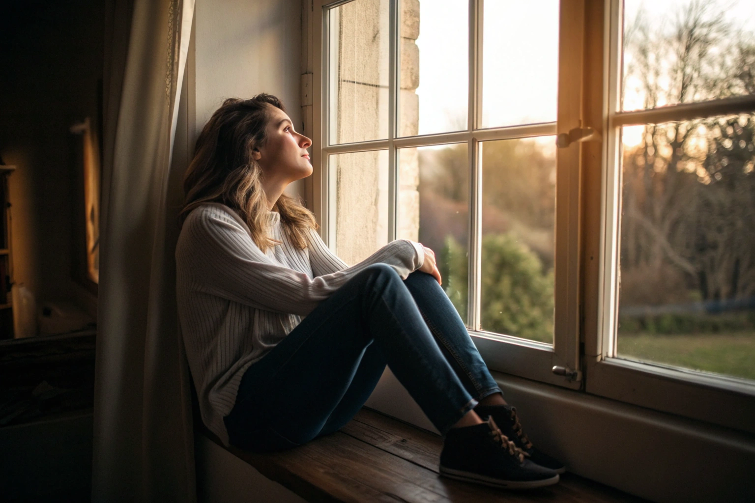 Vrouw zit alleen bij raam, emotioneel geblokkeerd en introspectief, gevoel van isolatie