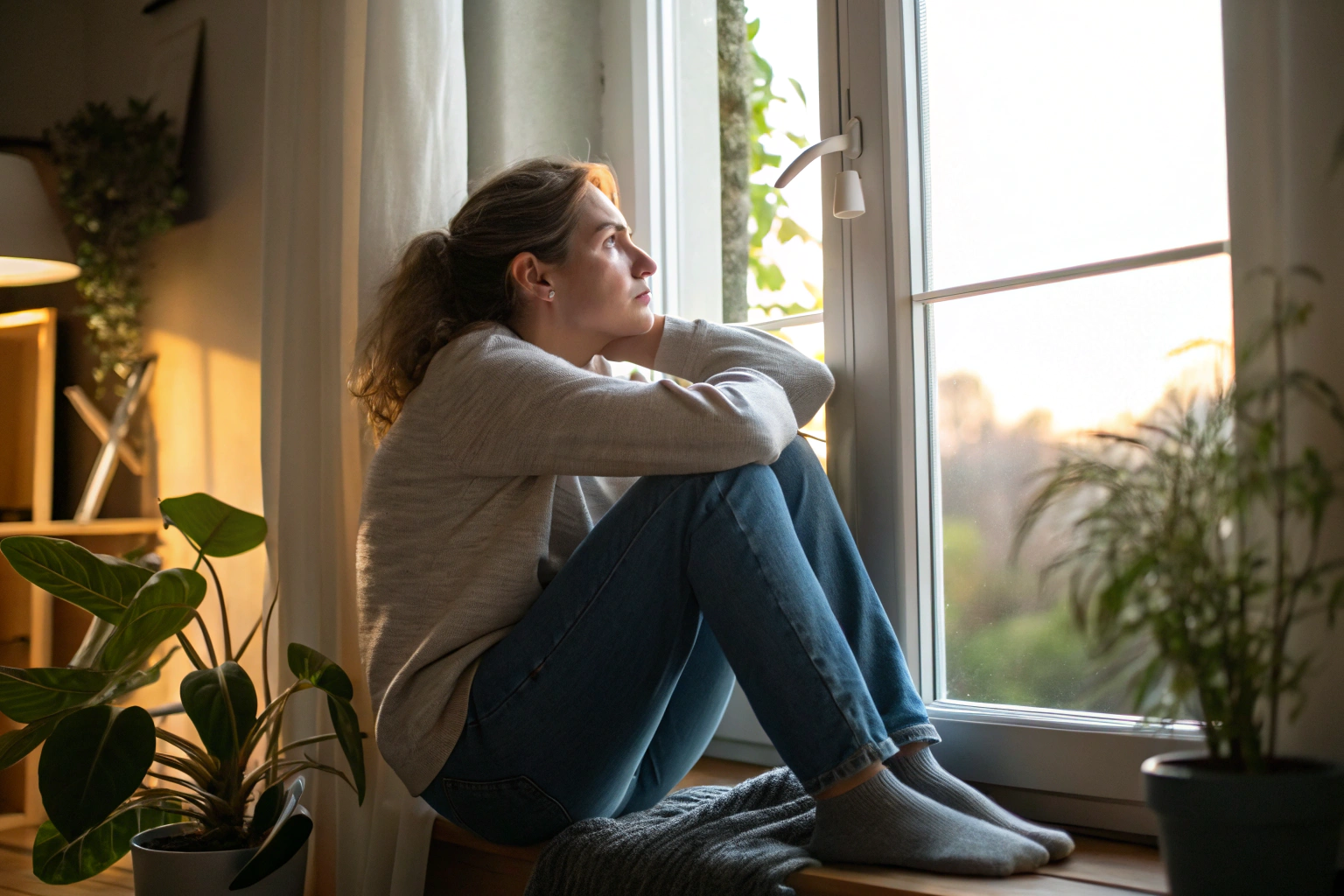 Vrouw verwerkt kwetsbare emoties alleen bij het raam