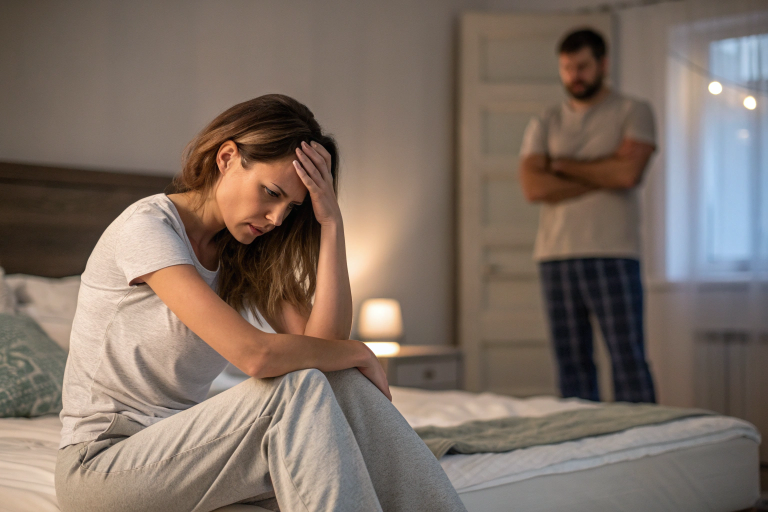 Vrouw met stress en spanning in relatie op bedrand