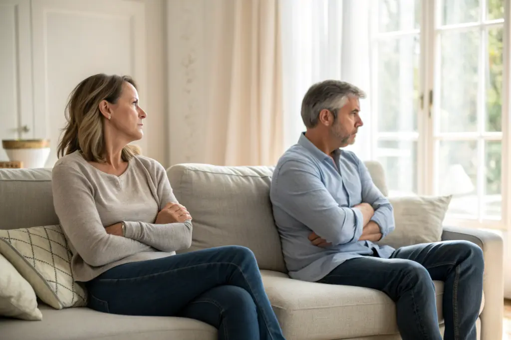 Stel zit emotioneel gescheiden op verschillende kanten van de bank