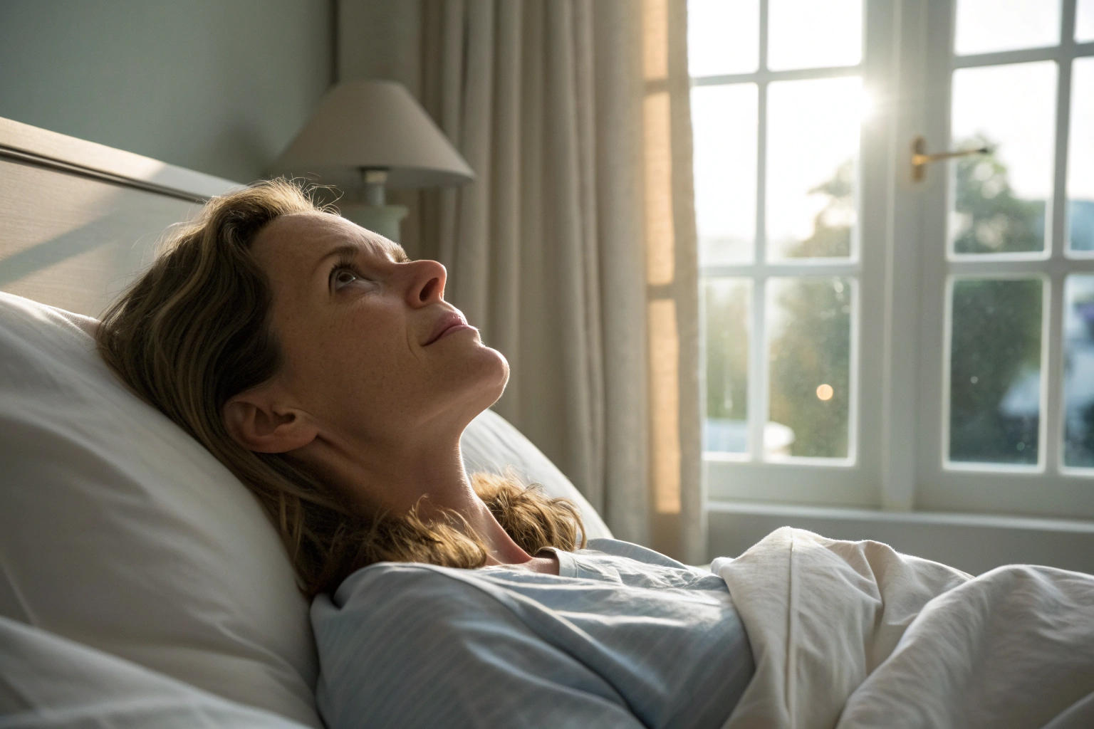 Vrouw ligt rustig in bed, leert haar eigen lichaam en signalen begrijpen