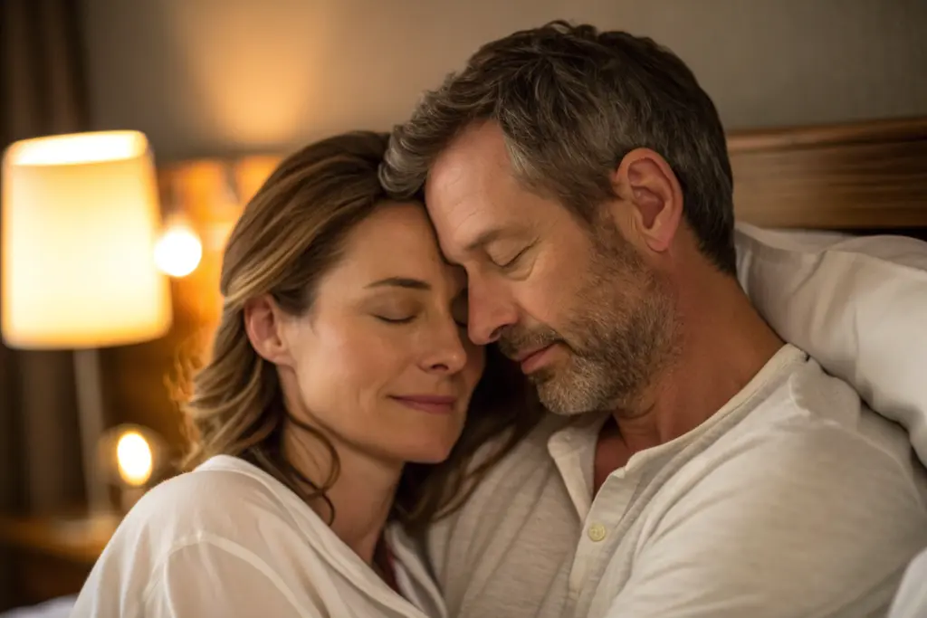 Stel in tedere omhelzing met gesloten ogen, moment van verbinding zonder prestatiedruk om klaar te komen