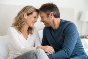 Stel zit dicht bij elkaar op bed, houdt handen vast, warm oogcontact, verbinding belangrijker dan orgasme
