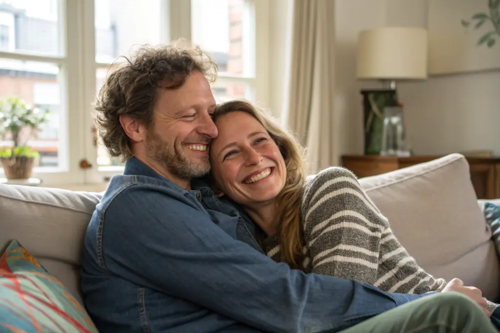 Liefdevol koppel op bank toont intimiteit in relatie door warme omhelzing