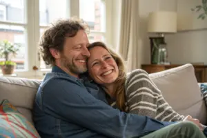 Liefdevol koppel op bank toont intimiteit in relatie door warme omhelzing