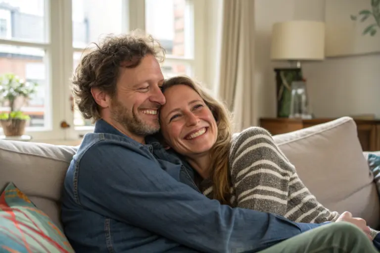 Liefdevol koppel op bank toont intimiteit in relatie door warme omhelzing