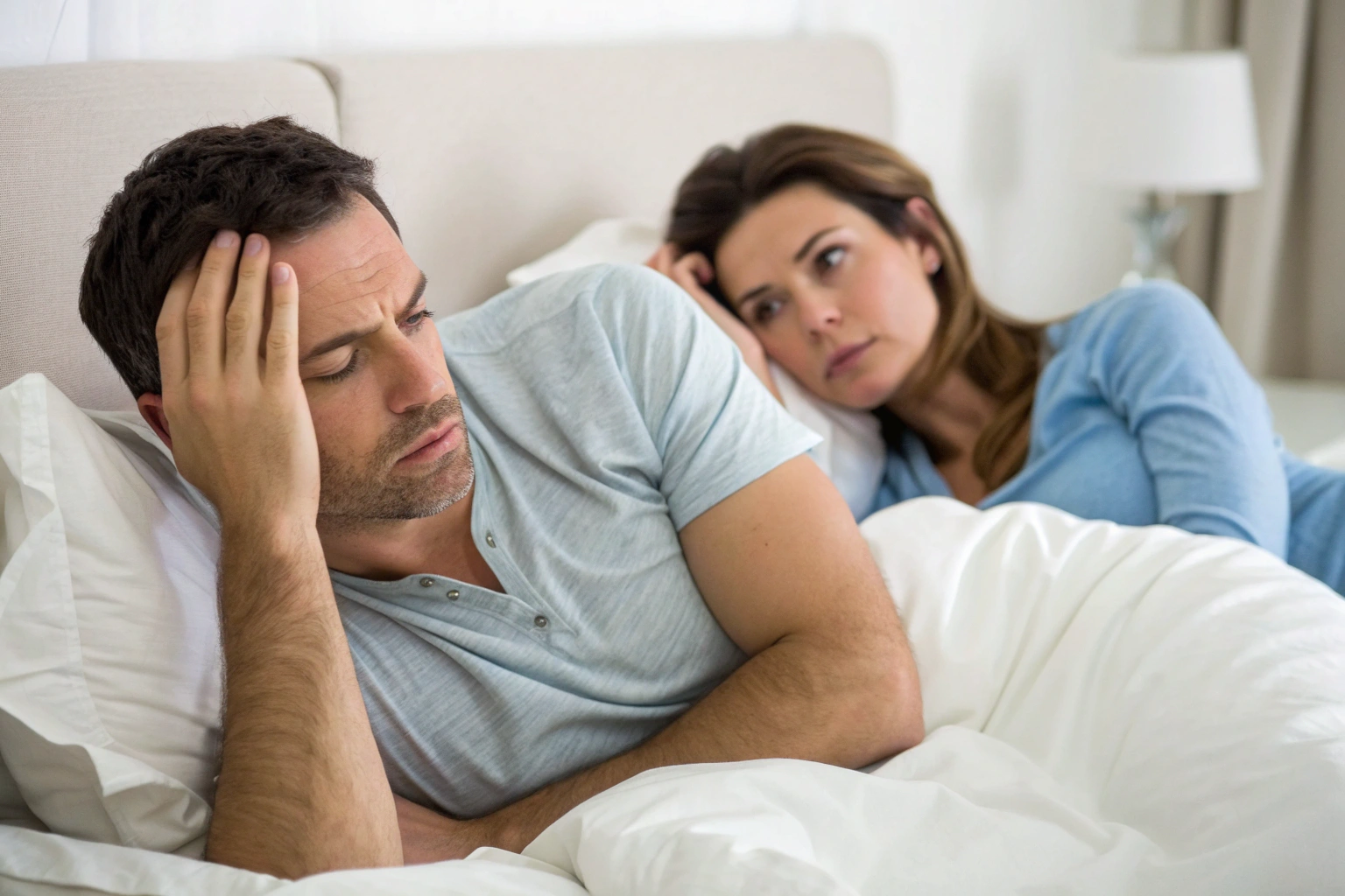 Stel in bed na intimiteit met emotionele spanning zichtbaar