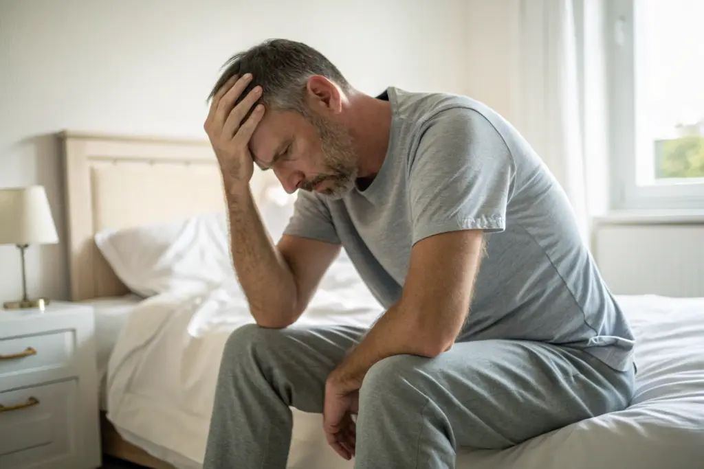 Man zittend op bedrand met hoofd in handen, stress en angst over seksuele prestaties