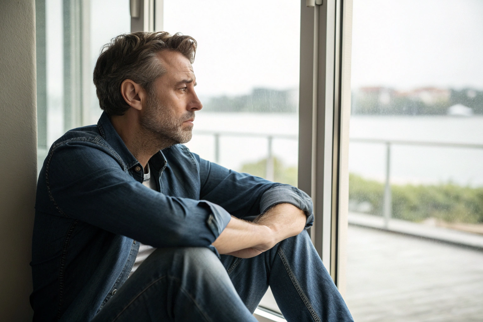 Man met innerlijke worsteling en onderdrukte emoties