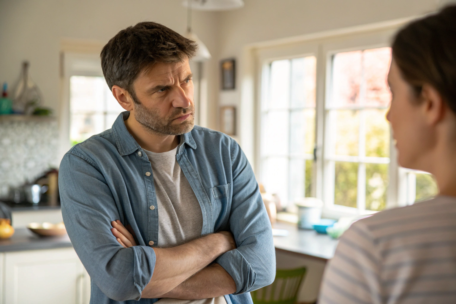 Man toont defensieve lichaamstaal met gekruiste armen tijdens relatieconflict