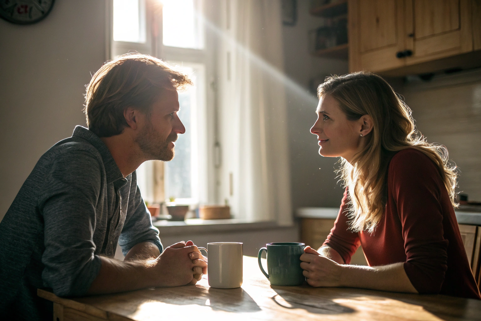 Emotionele intimiteit relatie zichtbaar in diep gesprek aan keukentafel