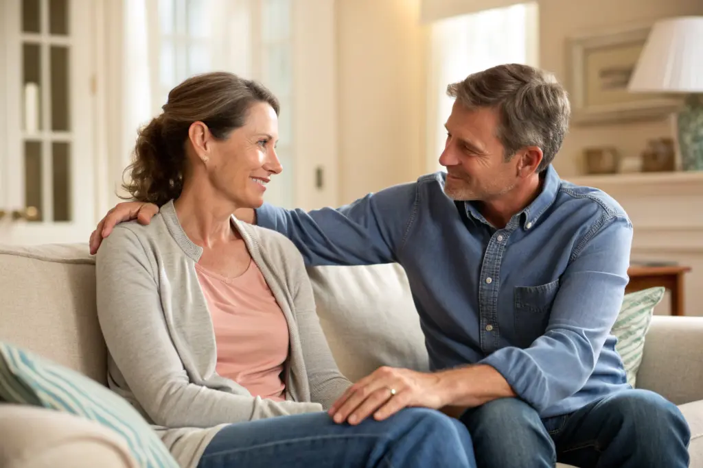 Stel in open gesprek op bank over seksuele problemen