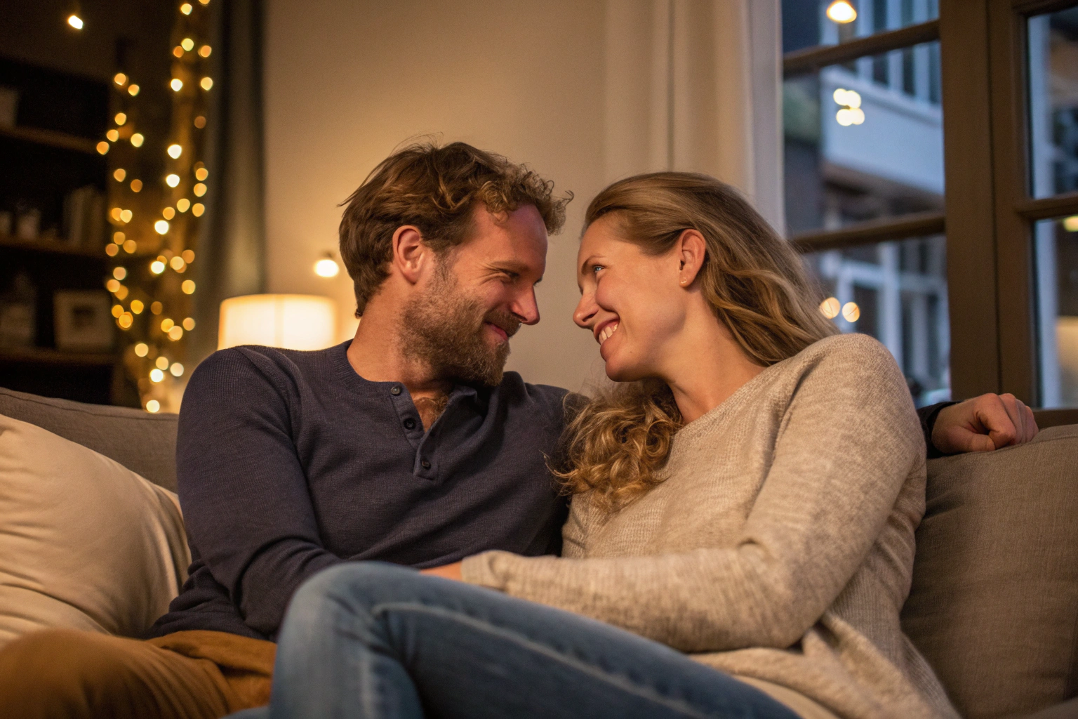Stel zit dicht bij elkaar en kijkt elkaar warm aan met verbonden lichaamstaal