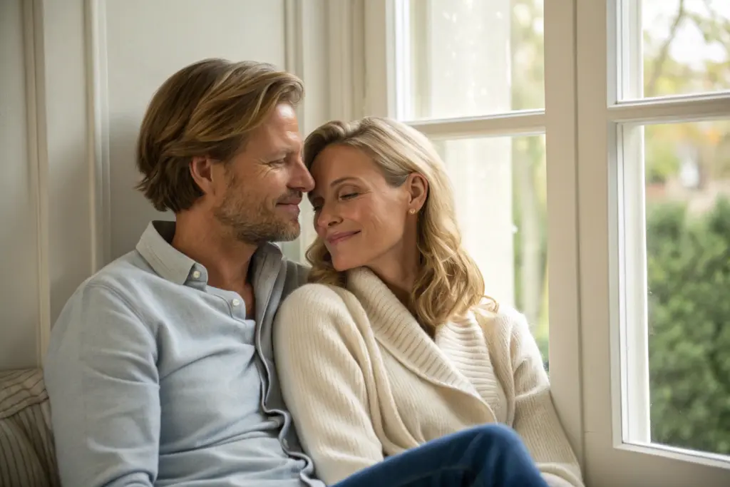 Stel waakt samen op in ochtendlicht - gezonde relatie begint elke dag opnieuw