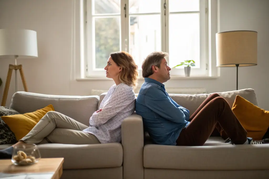Stel zit ver uit elkaar op bank emotionele afstand drie pijlers romantische liefde