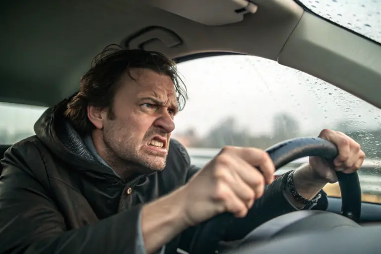Man gefrustreerd achter stuur toont tekenen van mannelijke agressie