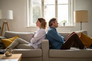 Stel zit ver uit elkaar op bank emotionele afstand drie pijlers romantische liefde