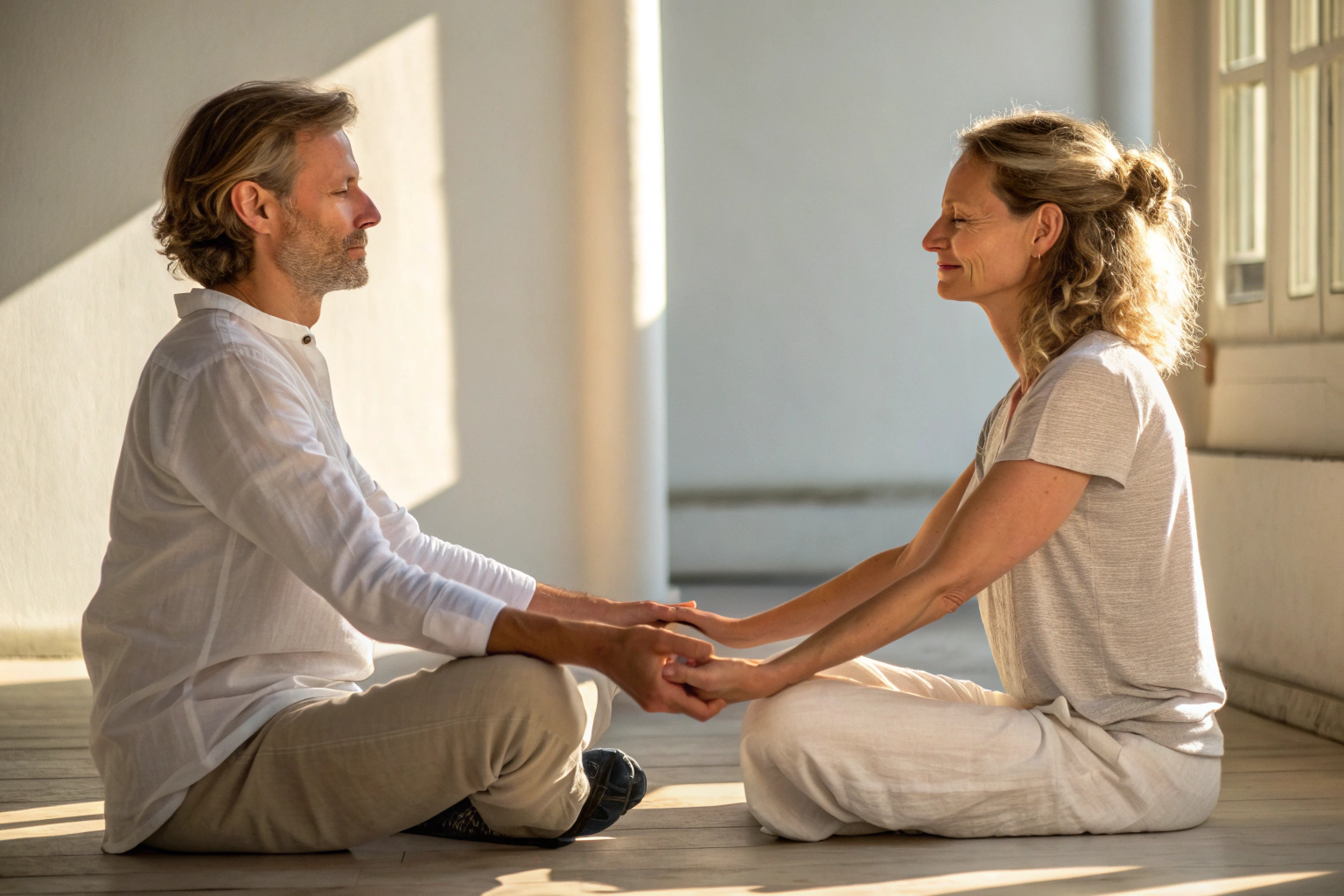 Liefdevol stel in meditatieve houding met tantrische energie verbinding