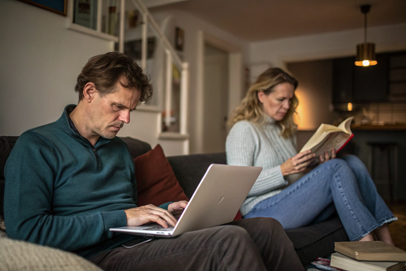 Stel doet gescheiden activiteiten thuis routine en afstand