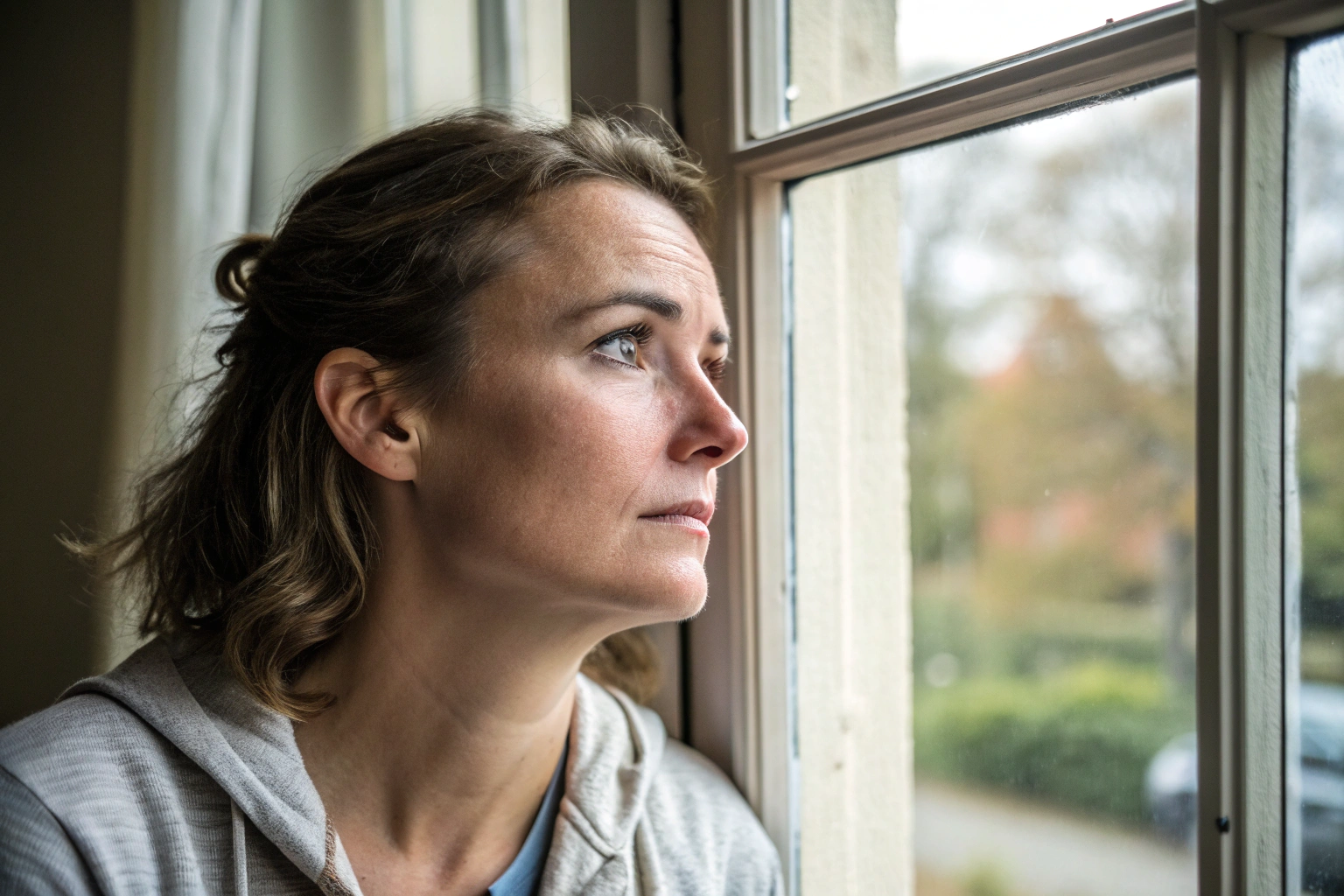 Nadenkende vrouw kijkt uit raam bezorgd over relatie