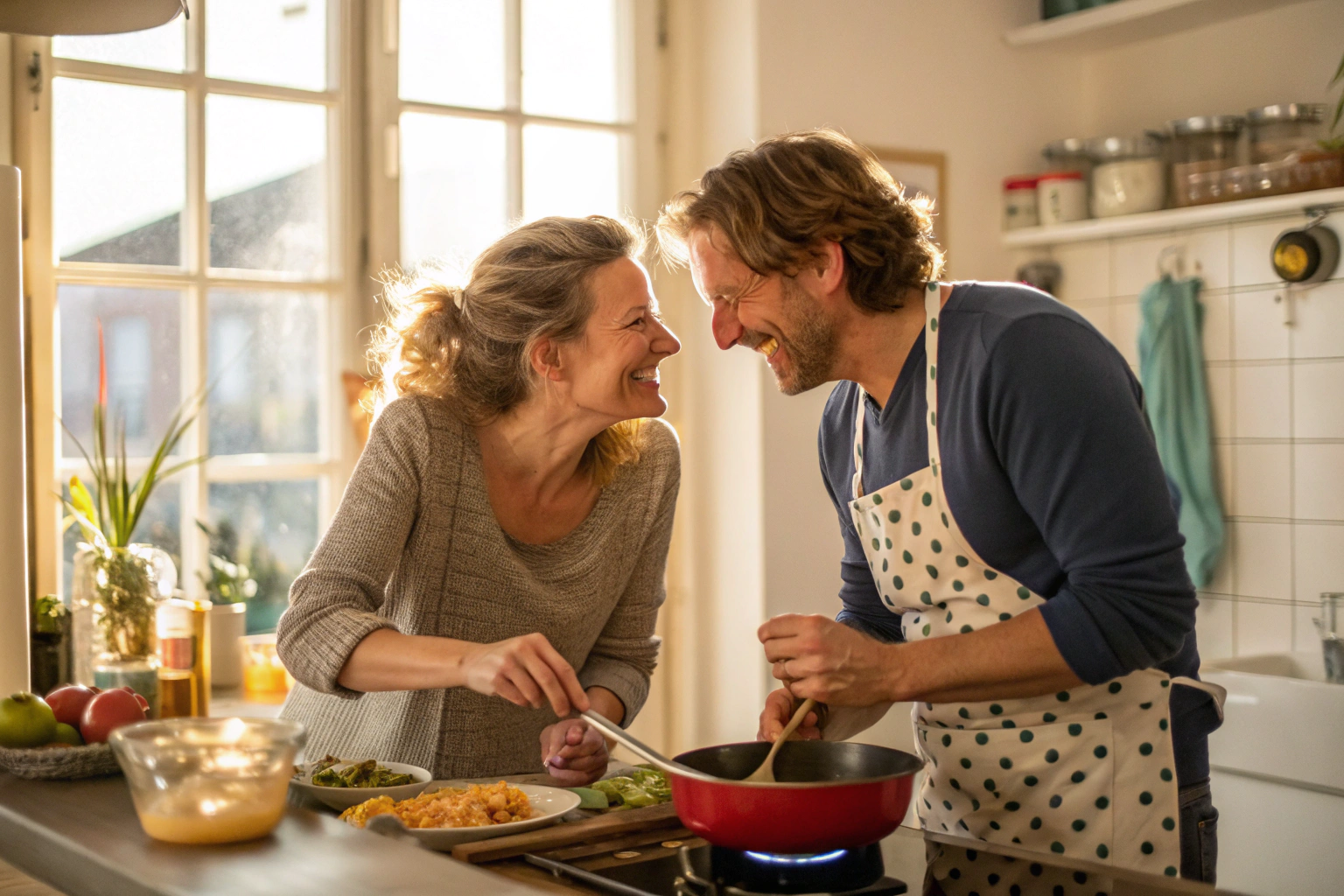 Stel kookt samen in keuken - dagelijkse co-creatie van verbinding