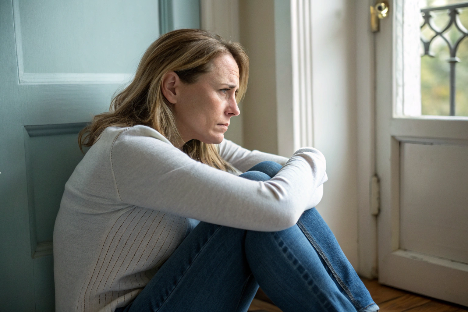 Angstige vrouw voelt zich onveilig in relatie