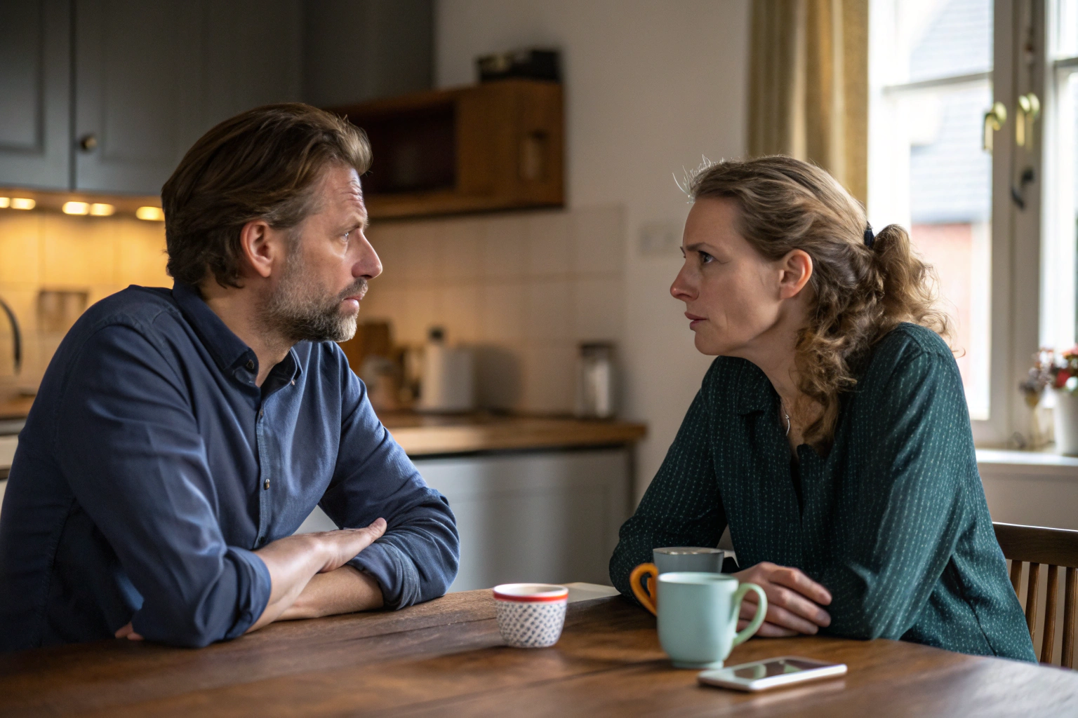 Stel voert serieus gesprek aan keukentafel kwetsbaar moment