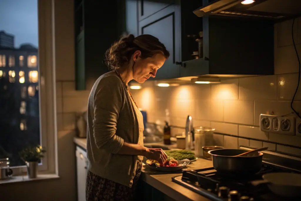 Zorgende kind in relatie - vrouw alleen in keuken die voor partner zorgt