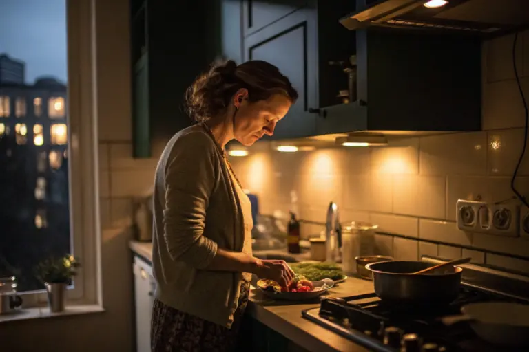Zorgende kind in relatie - vrouw alleen in keuken die voor partner zorgt