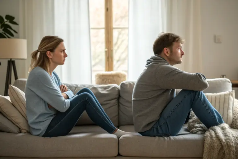 Stel met emotionele afstand op bank - trauma-response in relatie