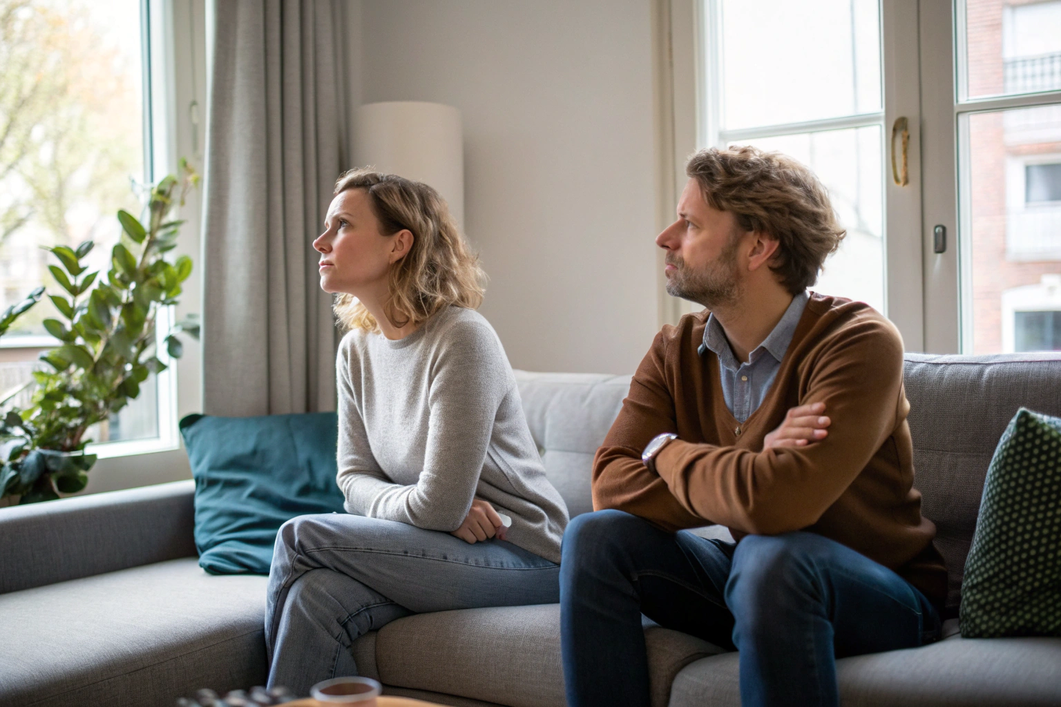 Hechtingsstijlen in relatie - stel zit apart op de bank met emotionele afstand