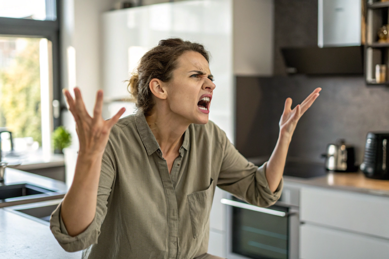 Vrouw met gefrustreerde uitdrukking tijdens ruzie - fight response
