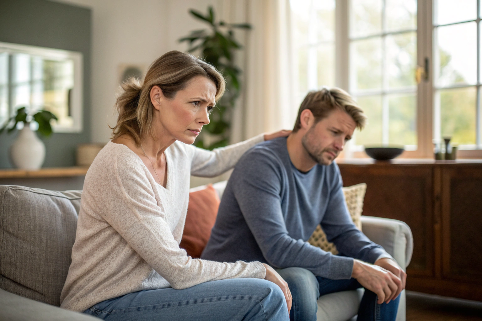 Zorgende kind dynamiek - vrouw attent terwijl partner afstandelijk is