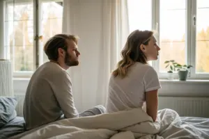 Stel zit in bed met emotionele afstand hechtingsstijl en intimiteit