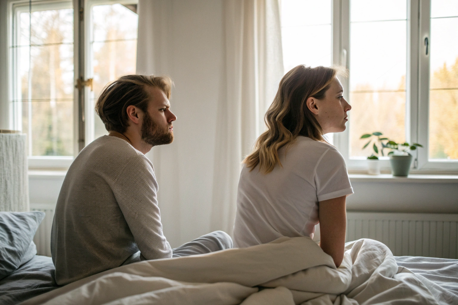 Stel zit in bed met emotionele afstand hechtingsstijl en intimiteit