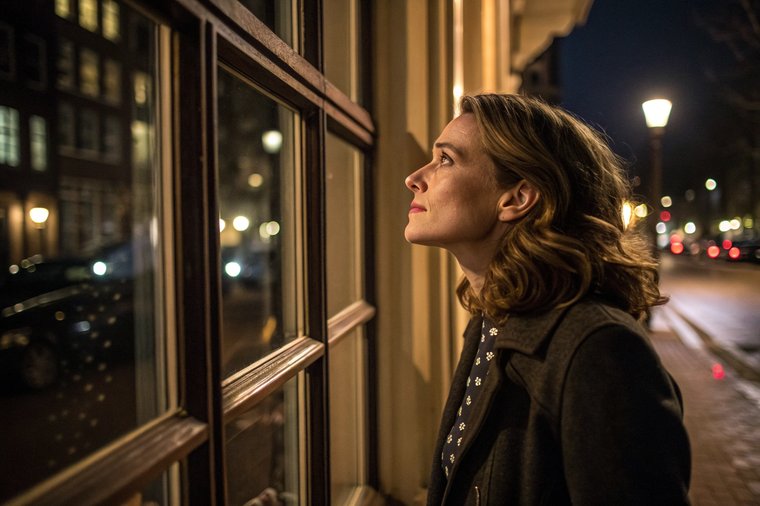 Vrouw kijkt nadenkend naar reflectie onzichtbare blauwdruk hechtingsstijl