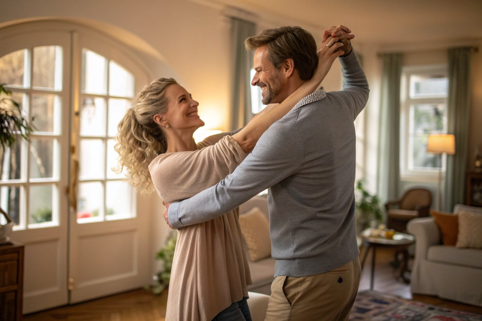 Stel danst samen in woonkamer passie en verbinding in relatie