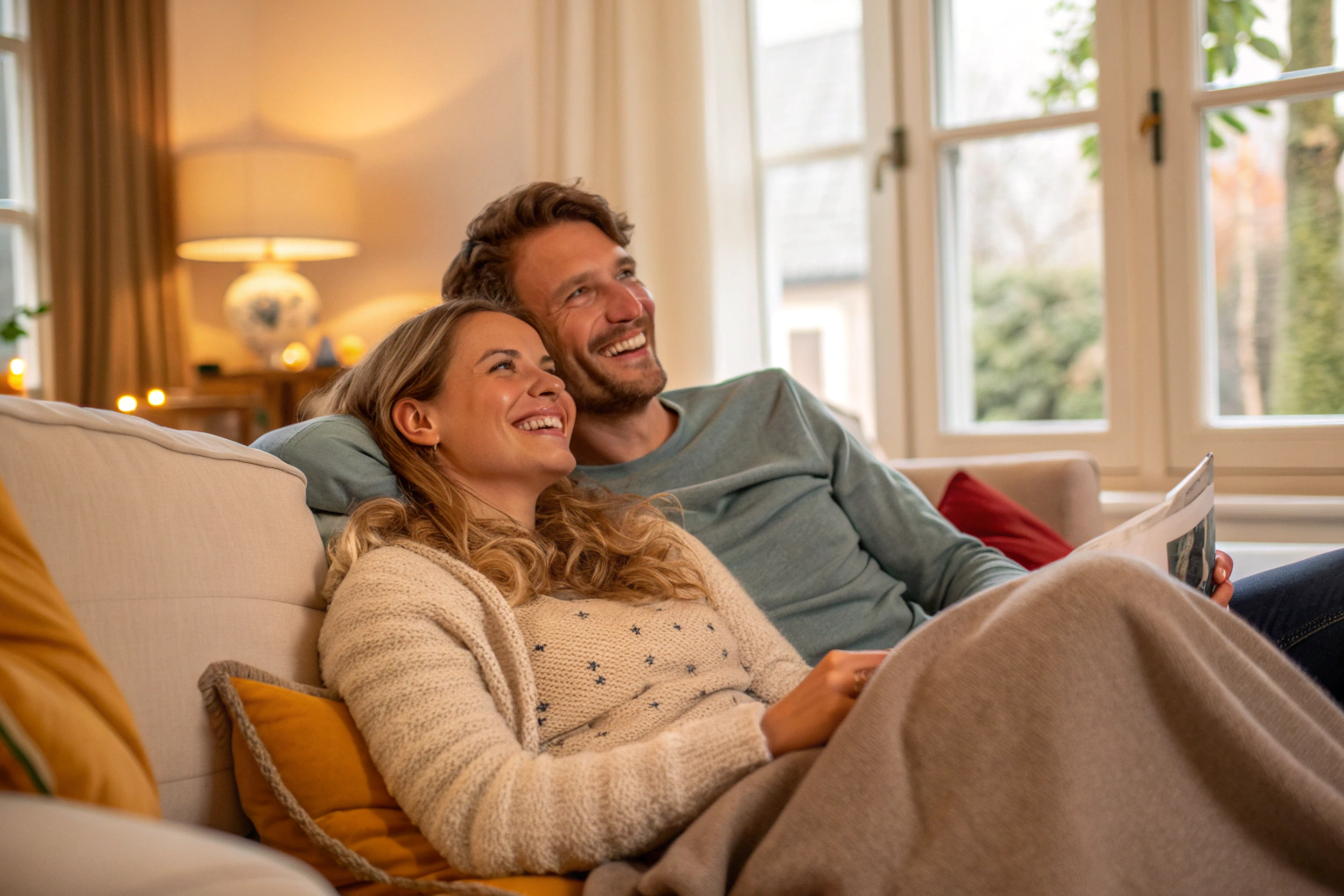 Stel ontspant samen op de bank veilige hechting en intimiteit