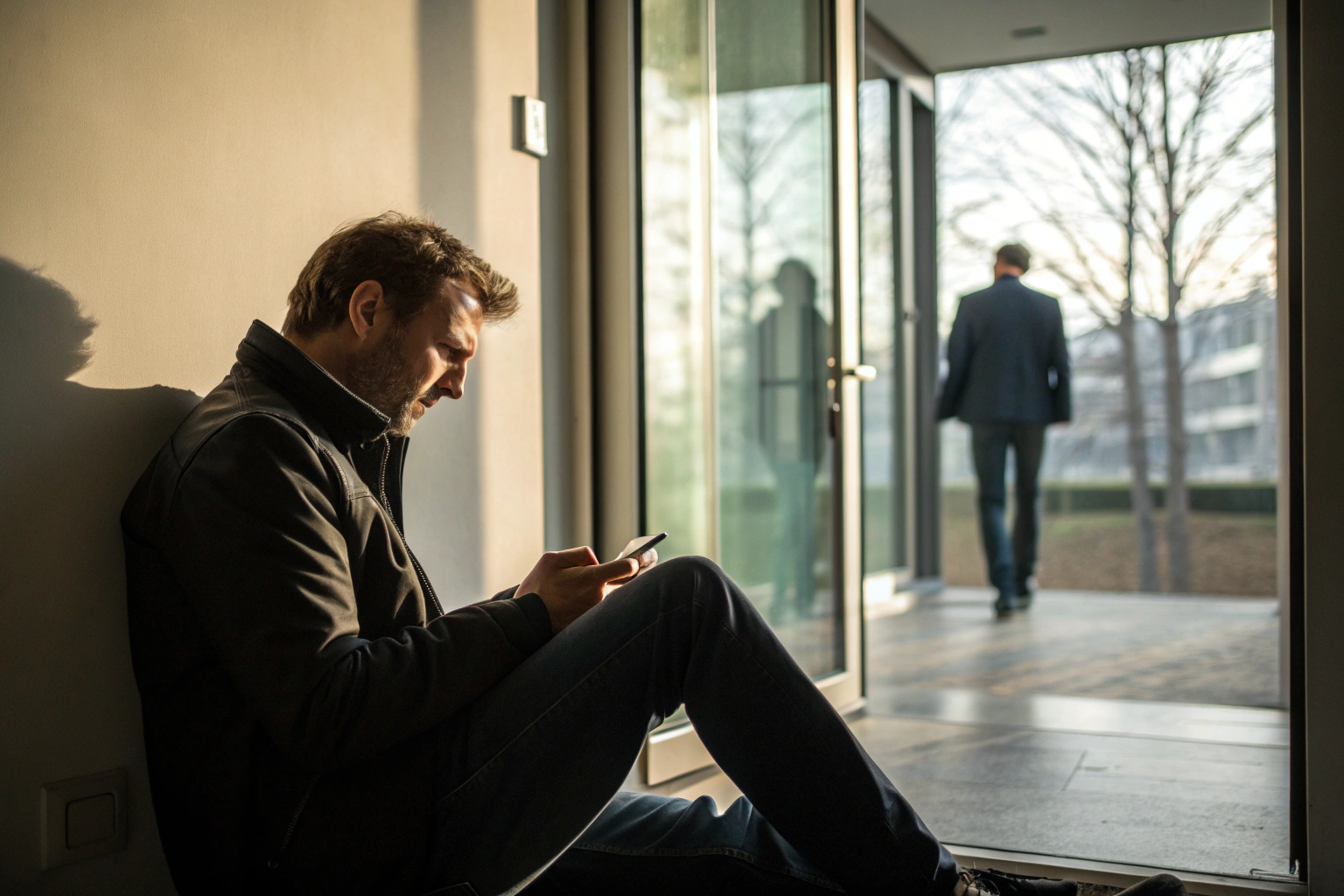 Man alleen op telefoon creëert emotionele afstand