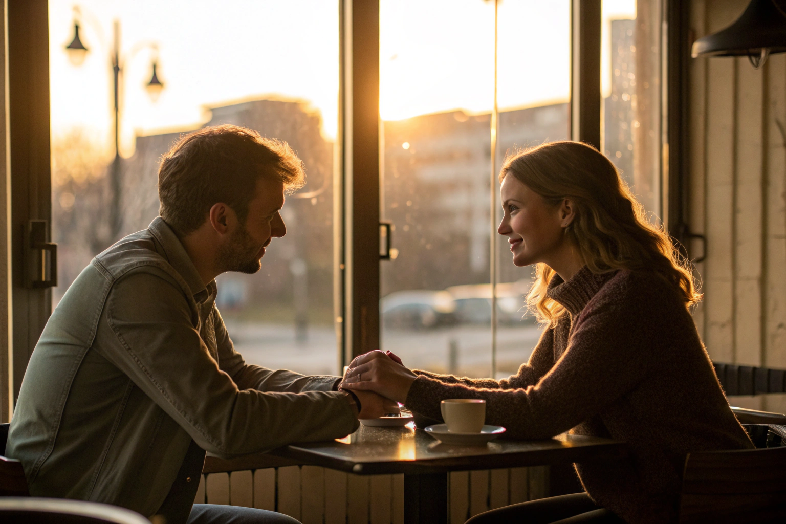 Stel houdt handen vast in cafe - hoopvolle verbinding fawn en vermijder