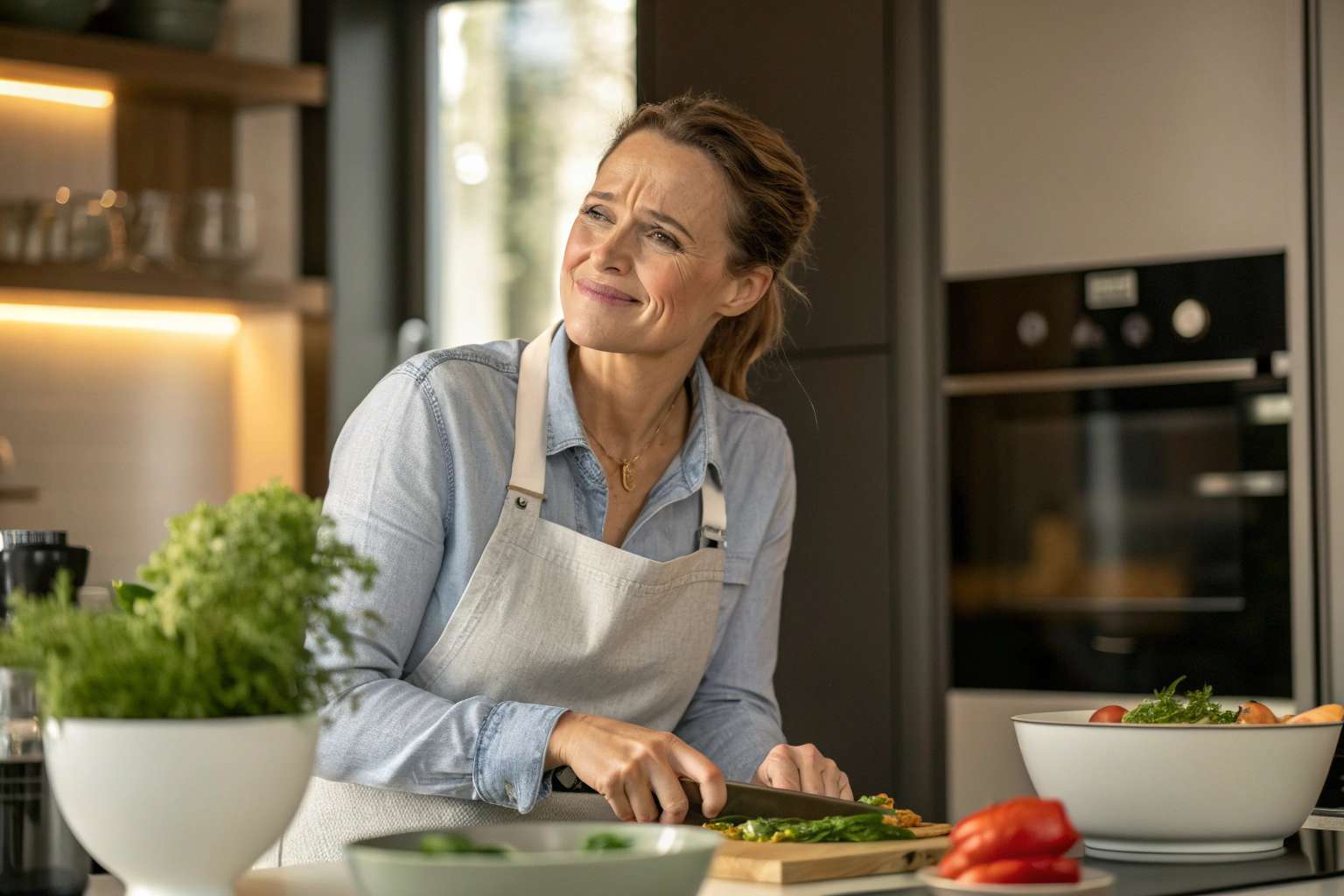 Vrouw in keuken past zich aan met geforceerde glimlach
