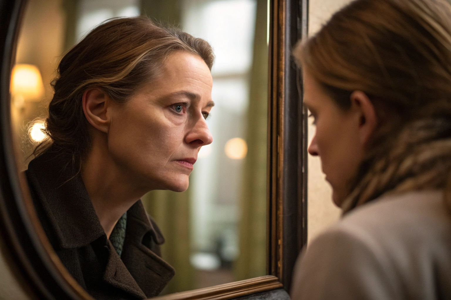 Vrouw kijkt in spiegel naar kwetsbaar innerlijk kind