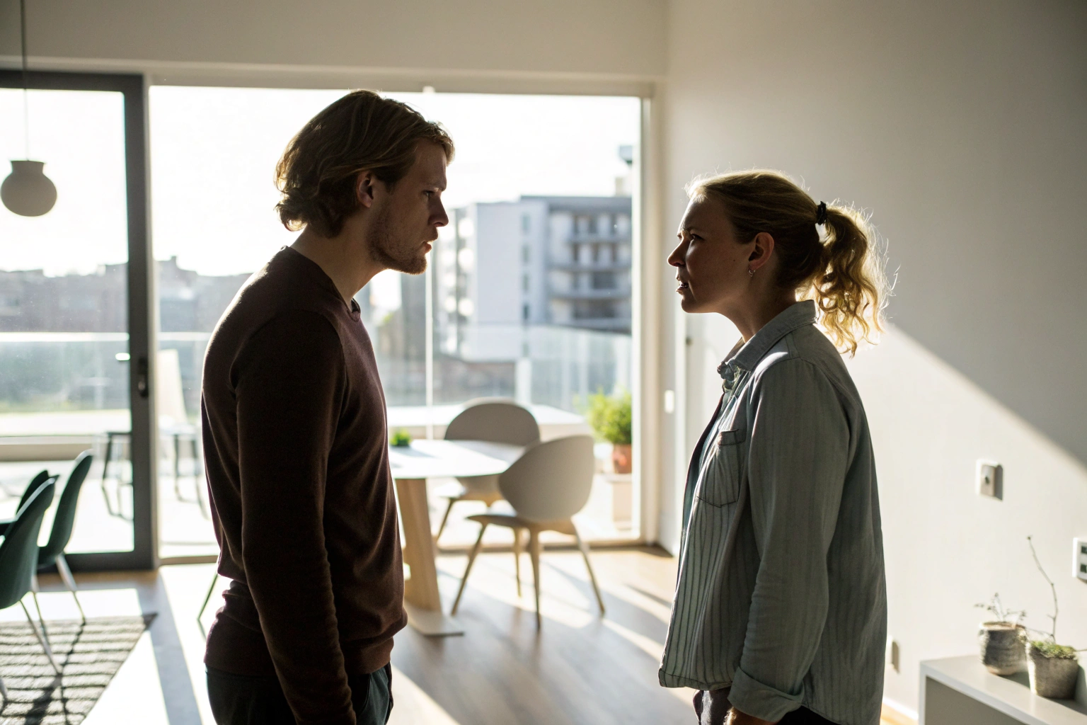 Twee mensen staan tegenover elkaar met spanning tussen hen in een kamer